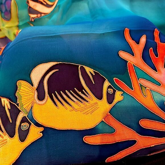 Silk chiffon Lee Caldwell tropical ocean fish hand painted scarf 29” square - Picture 13 of 14